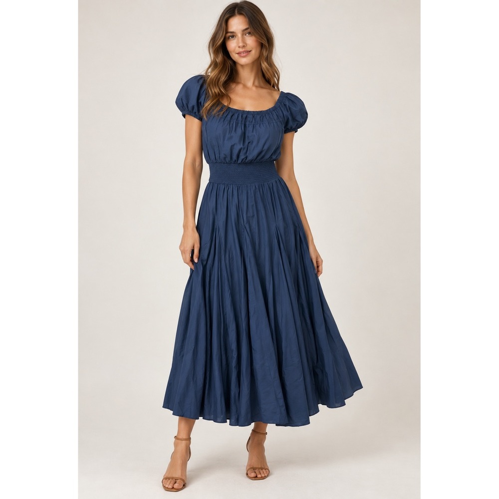 INC Navy Blue Smocked Waist Puff Sleeve 100% Cotton Midi Dress, XS